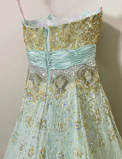 Glam Strapless Sheath Formal Gowns Rhinestone Sequins Lace Beading Prom Dress AP3103