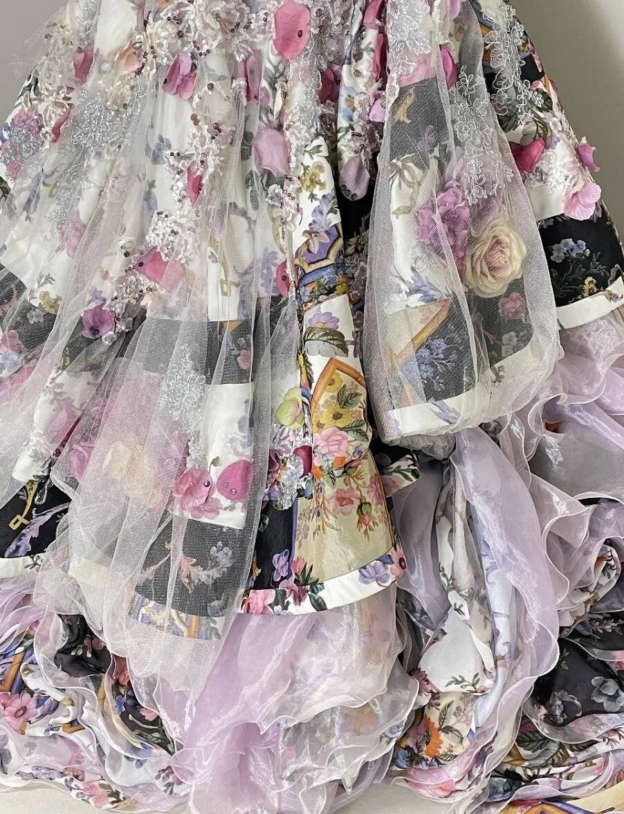 Glamorous Strapless A-Line Floral Formal Gowns Crystals Handmade Flowers Sequins Tulle Prom Dress AP3104