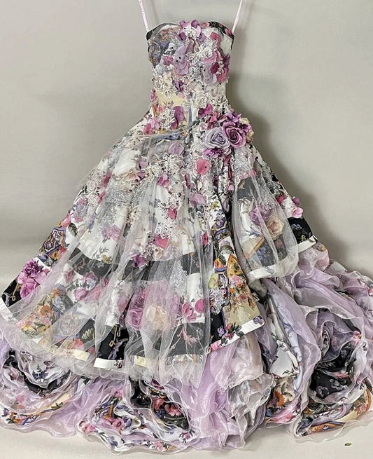 Glamorous Strapless A-Line Floral Formal Gowns Crystals Handmade Flowers Sequins Tulle Prom Dress AP3104