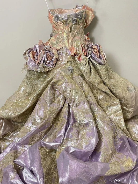 Stunning Strapless A-Line Formal Dresses Handmade Flowers Sequins Appliques Prom Dress AP3106