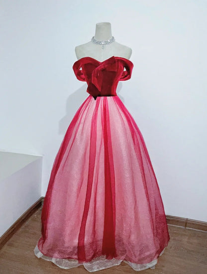 Novelty Off-Shoulder A-Line Formal Dresses Bow Red Velvet Tulle Prom Dress AP3108