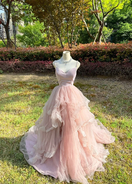 Fashionable A-Line Beading Spaghetti Strap Prom Dress Ruffled Tulle Evening Dresses AP3110