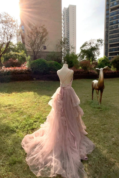 Fashionable A-Line Beading Spaghetti Strap Prom Dress Ruffled Tulle Evening Dresses AP3110