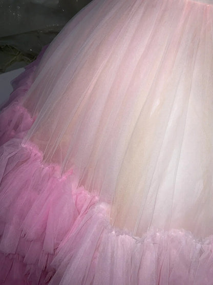 French Style Jewel Neck A-Line Formal Gowns Tiered Tulle Prom Dress AP3111