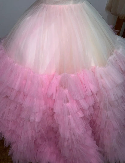 French Style Jewel Neck A-Line Formal Gowns Tiered Tulle Prom Dress AP3111