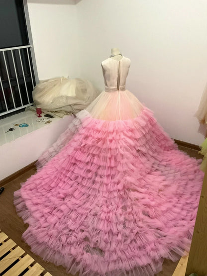 French Style Jewel Neck A-Line Formal Gowns Tiered Tulle Prom Dress AP3111