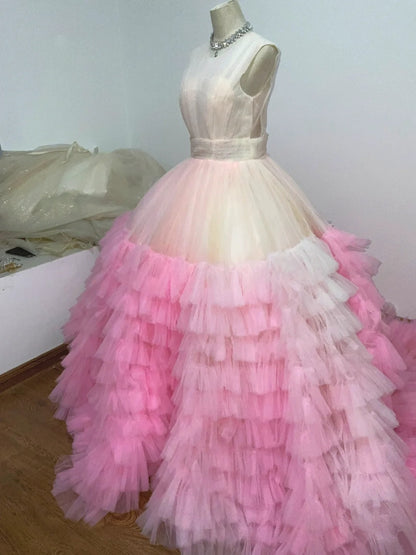 French Style Jewel Neck A-Line Formal Gowns Tiered Tulle Prom Dress AP3111