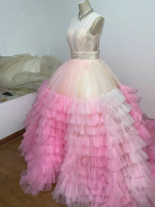 French Style Jewel Neck A-Line Formal Gowns Tiered Tulle Prom Dress AP3111