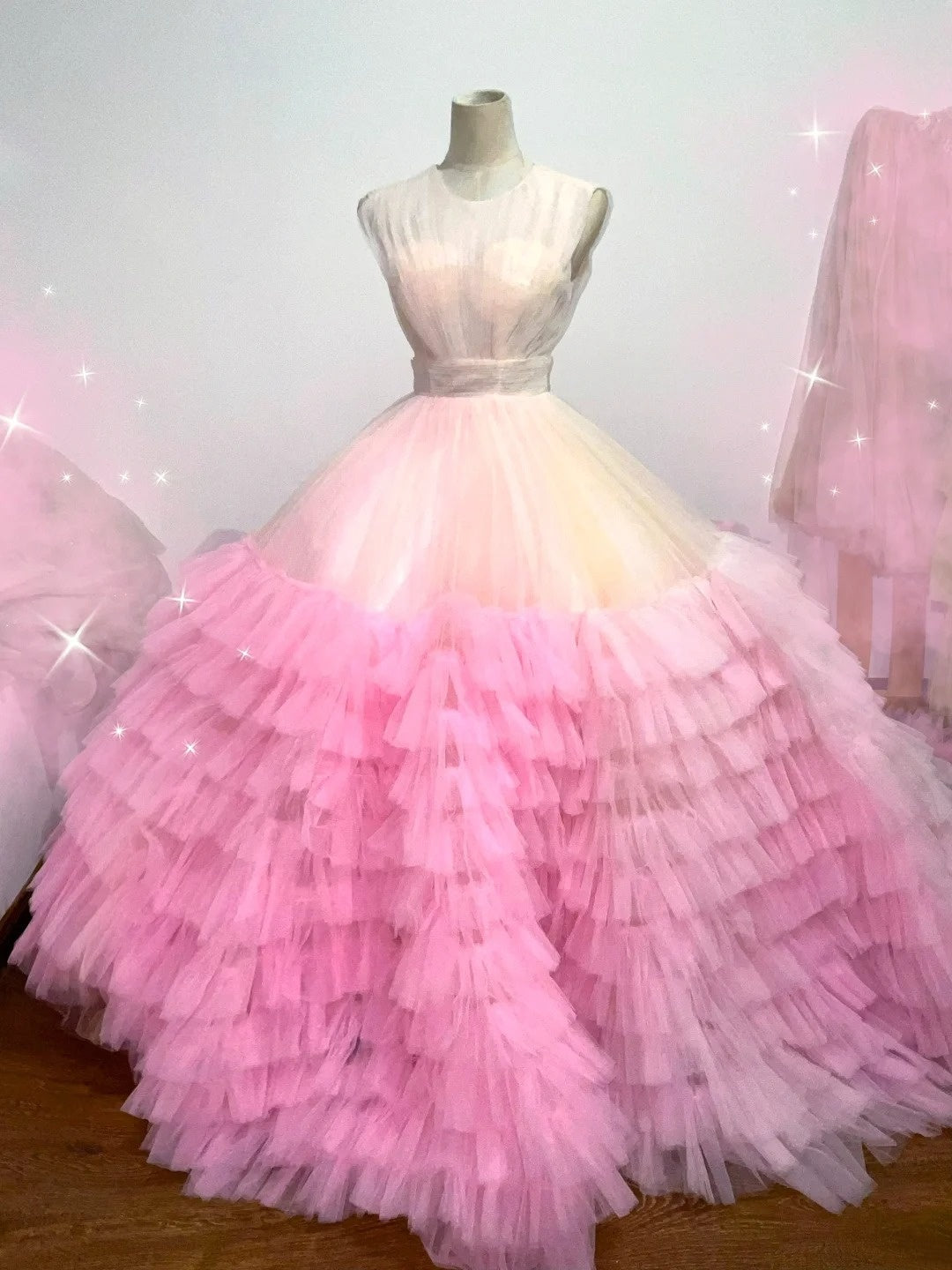 French Style Jewel Neck A-Line Formal Gowns Tiered Tulle Prom Dress AP3111