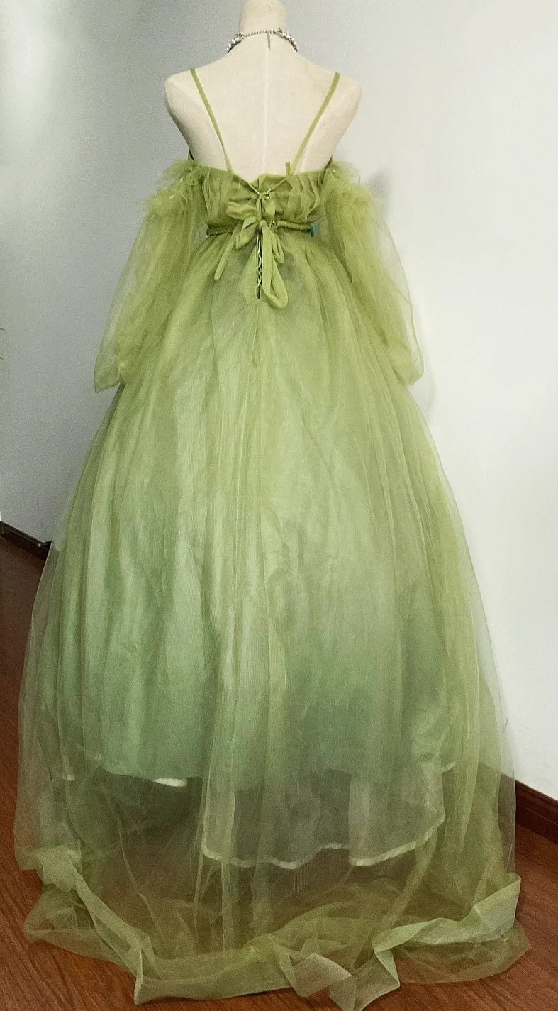 Minimalist A-Line Spaghetti Strap Prom Dress  Long Sleeve Tulle Evening Dresses AP3112