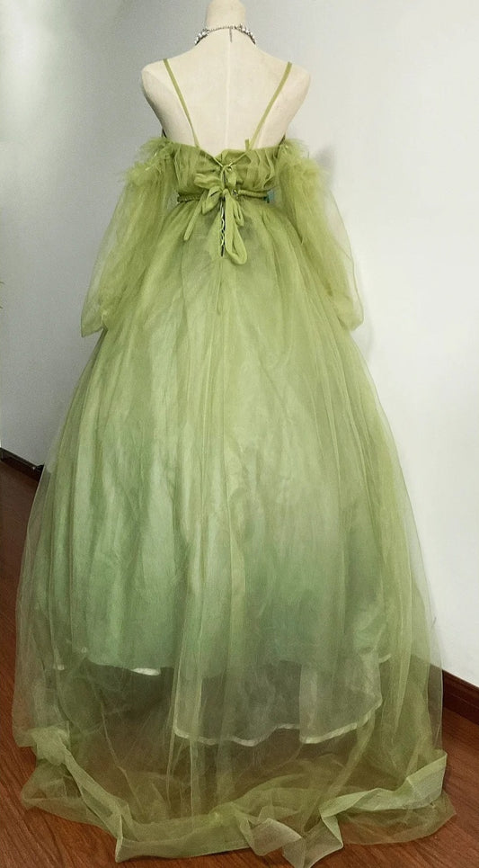 Minimalist A-Line Spaghetti Strap Prom Dress  Long Sleeve Tulle Evening Dresses AP3112