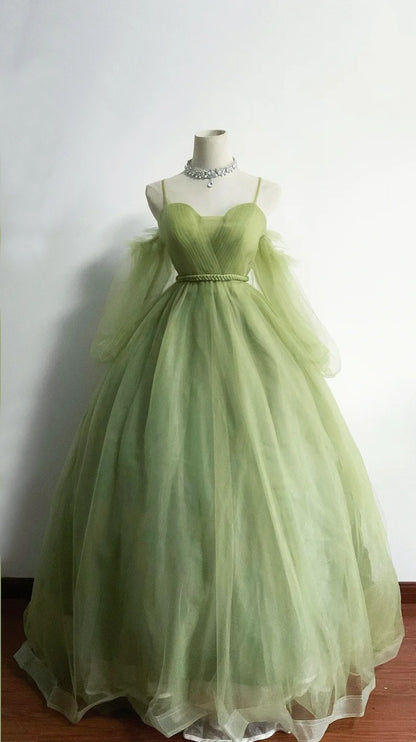 Minimalist A-Line Spaghetti Strap Prom Dress  Long Sleeve Tulle Evening Dresses AP3112