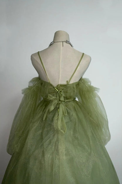 Minimalist A-Line Spaghetti Strap Prom Dress  Long Sleeve Tulle Evening Dresses AP3112