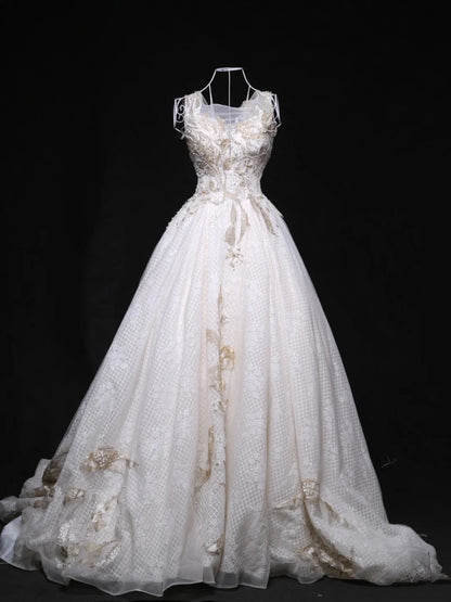 Sparkly Square Neck A-Line Bridal Gowns Beads Sequins Appliques Wedding Dress AP3116