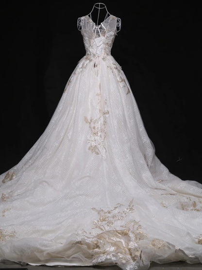 Sparkly Square Neck A-Line Bridal Gowns Beads Sequins Appliques Wedding Dress AP3116