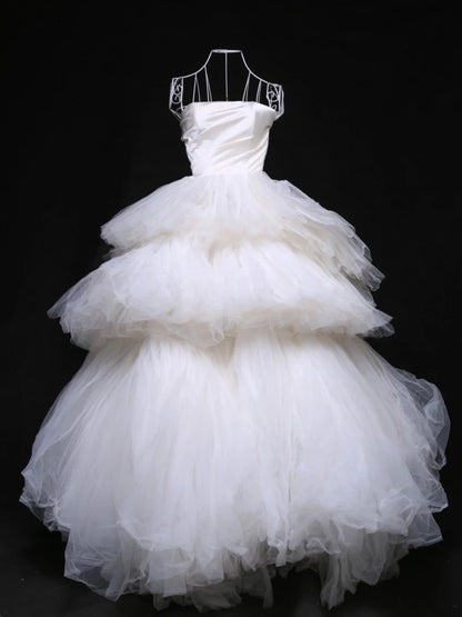 Minimalist A-Line Strapless Bridal Gowns Tiered Tulle White Wedding Dress AP3117