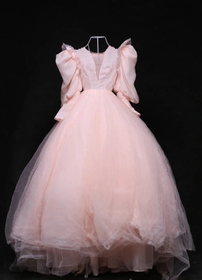 Dopamine Style V-Neck A-Line Formal Dresses Puffy Long Sleeve Tulle Prom Dress AP3118