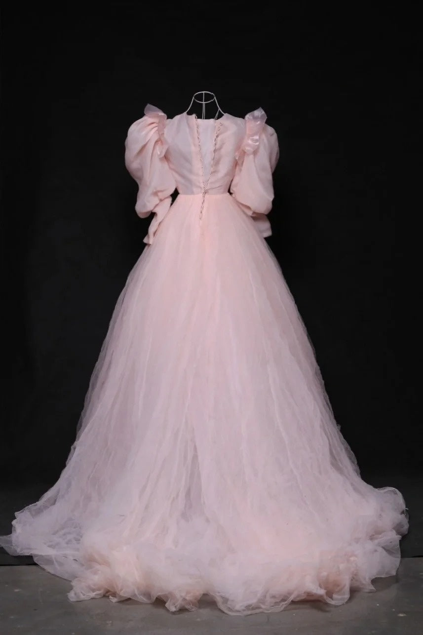 Dopamine Style V-Neck A-Line Formal Dresses Puffy Long Sleeve Tulle Prom Dress AP3118