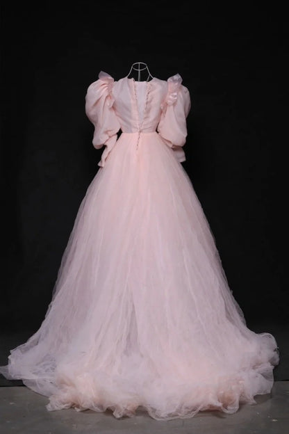 Dopamine Style V-Neck A-Line Formal Dresses Puffy Long Sleeve Tulle Prom Dress AP3118