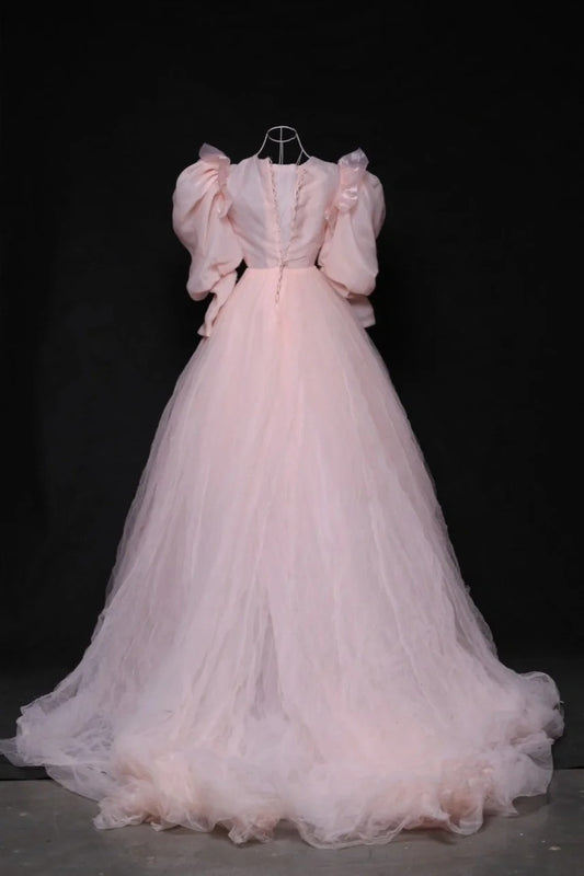 Dopamine Style V-Neck A-Line Formal Dresses Puffy Long Sleeve Tulle Prom Dress AP3118