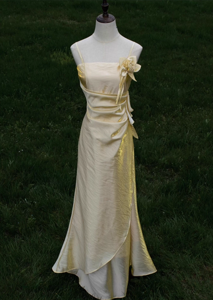 Stylish Sheath Spaghetti Strap Evening Dresses Handmade Flowers Ruched Yellow Prom Dress AP3122