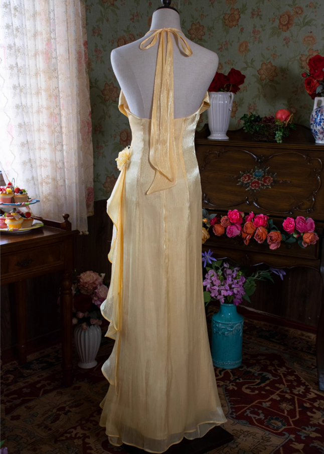 New Yellow Halter Neck Sheath Evening Gowns Handmade Flowers Beads Prom Dress AP3124