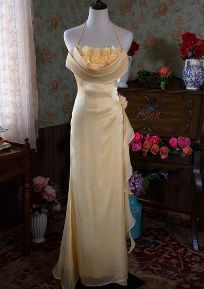 New Yellow Halter Neck Sheath Evening Gowns Handmade Flowers Beads Prom Dress AP3124