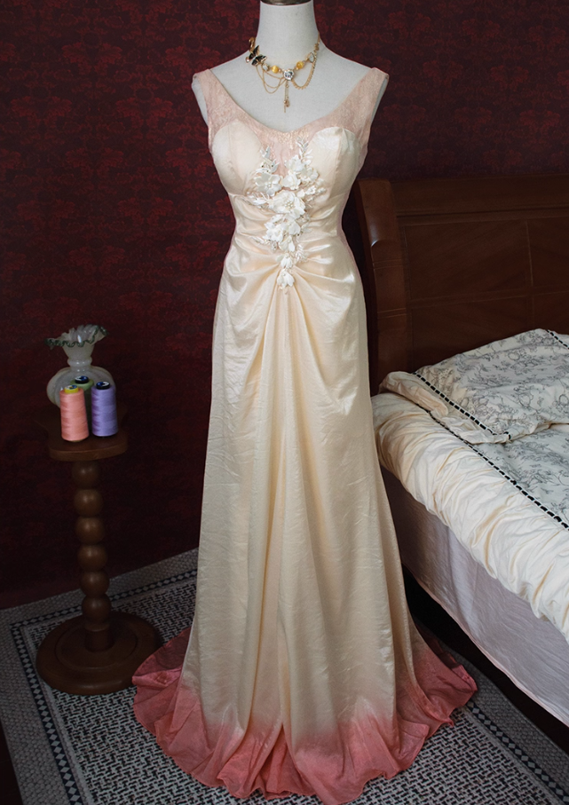 Trendy Sheath Spaghetti Strap Ombre Evening Gowns Appliques Beads Backless Prom Dress AP3126