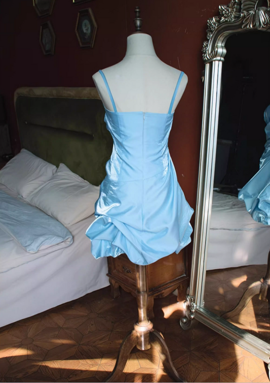 Attractive Spaghetti Straps A-Line Birthday Gowns Satin Minimalism Pleated Homecoming Dress AP3127