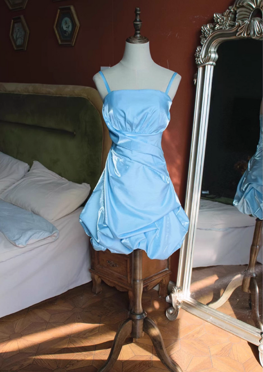 Attractive Spaghetti Straps A-Line Birthday Gowns Satin Minimalism Pleated Homecoming Dress AP3127