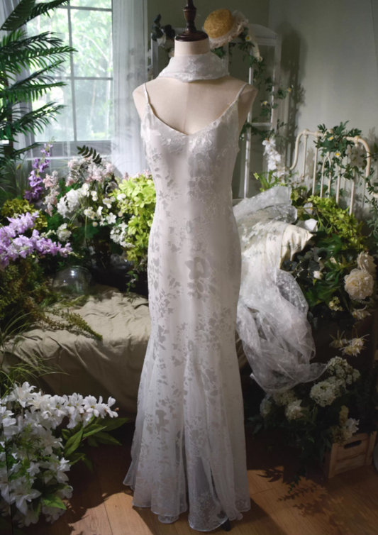 Princess Spaghetti Strap Mermaid Bridal Gowns Floral Texture Wedding Dress AP3131