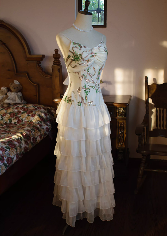 Pretty V Neck Sheath Evening Gowns Sequins Beading Tiered Prom Dress AP3132