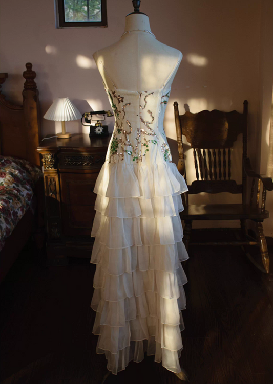 Pretty V Neck Sheath Evening Gowns Sequins Beading Tiered Prom Dress AP3132