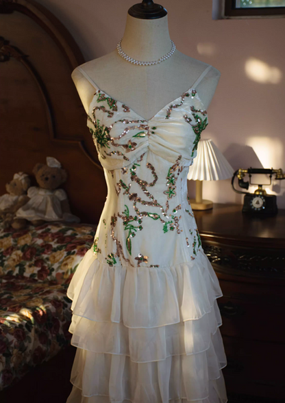 Pretty V Neck Sheath Evening Gowns Sequins Beading Tiered Prom Dress AP3132