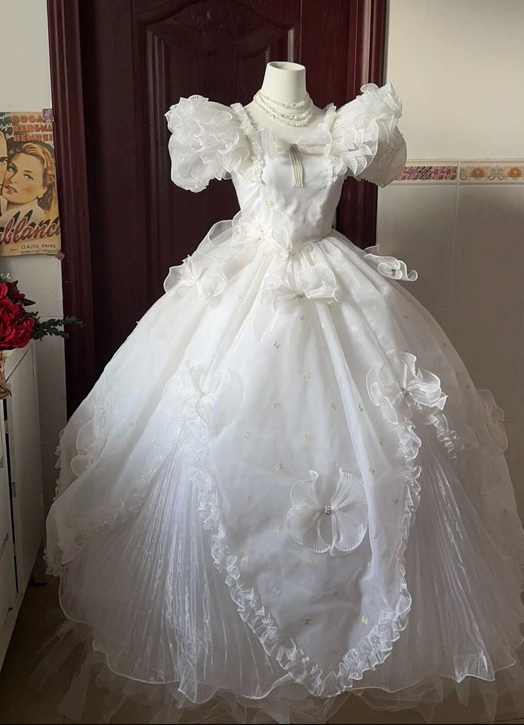 Maximalism A-Line Square Neck Bridal Gowns Bows Beading Puffy Sleeve Ruffled Wedding Dress AP3134