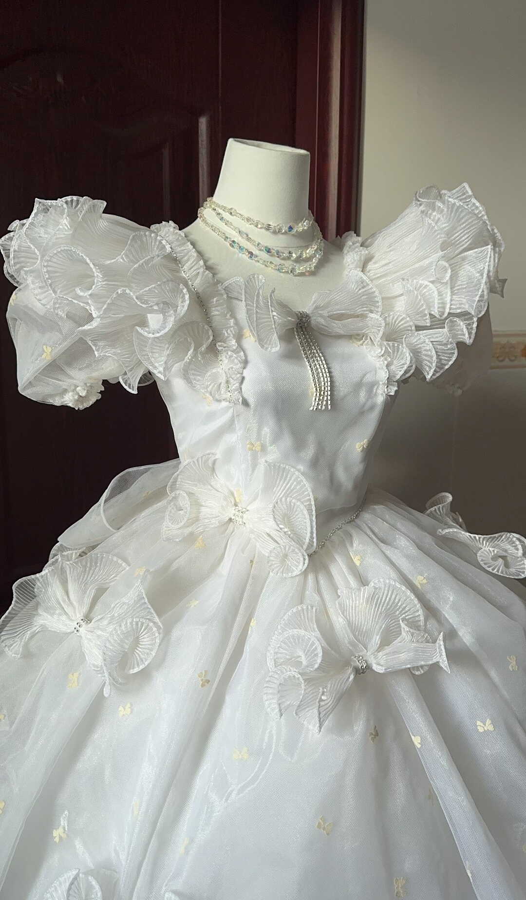 Maximalism A-Line Square Neck Bridal Gowns Bows Beading Puffy Sleeve Ruffled Wedding Dress AP3134