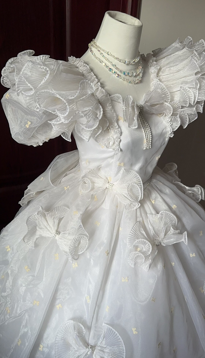 Maximalism A-Line Square Neck Bridal Gowns Bows Beading Puffy Sleeve Ruffled Wedding Dress AP3134