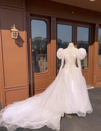 Delicate A-Line Illusion Neck Bridal Gowns Appliques Beading Sequins Long Sleeve Wedding Dress AP3135