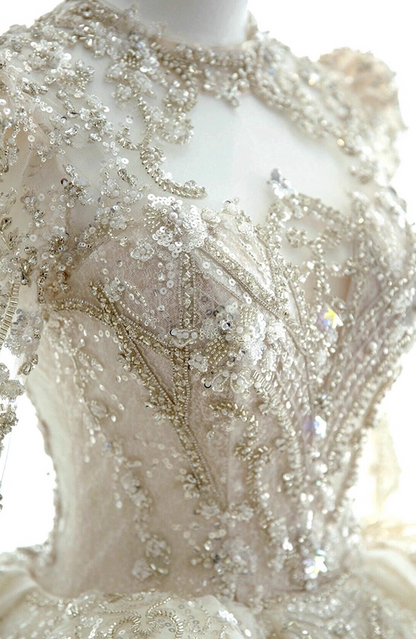 Romantic A-Line Jewel Neck Bridal Gowns Beading Sequins Long Sleeve Cutout Wedding Dress AP3136