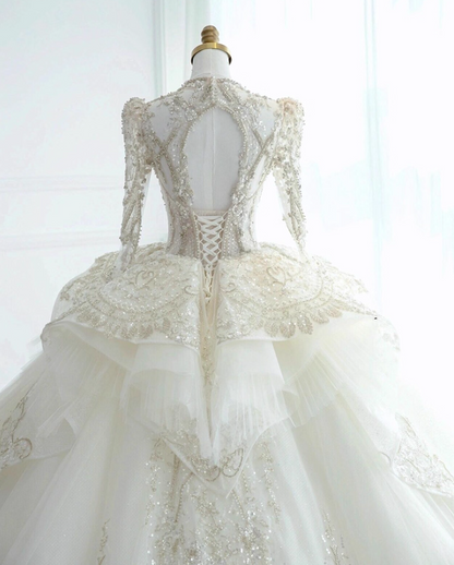 Romantic A-Line Jewel Neck Bridal Gowns Beading Sequins Long Sleeve Cutout Wedding Dress AP3136