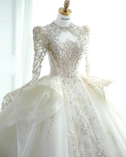 Romantic A-Line Jewel Neck Bridal Gowns Beading Sequins Long Sleeve Cutout Wedding Dress AP3136