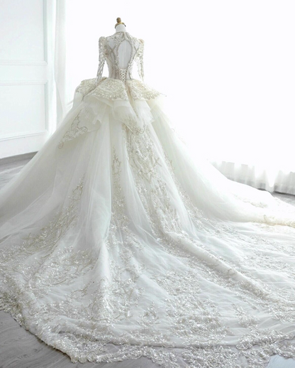 Romantic A-Line Jewel Neck Bridal Gowns Beading Sequins Long Sleeve Cutout Wedding Dress AP3136