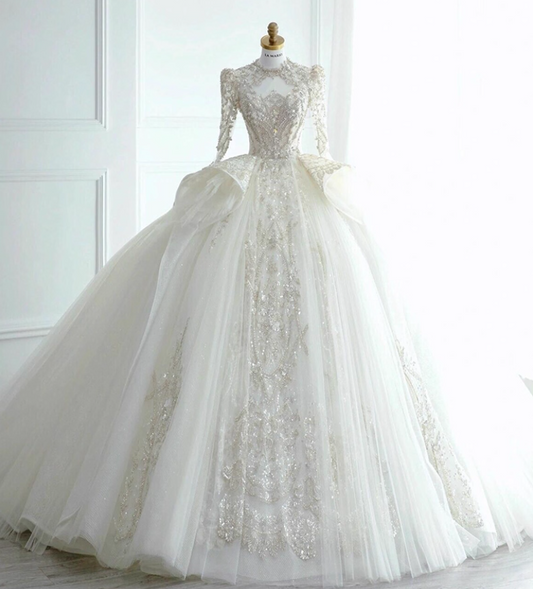 Romantic A-Line Jewel Neck Bridal Gowns Beading Sequins Long Sleeve Cutout Wedding Dress AP3136