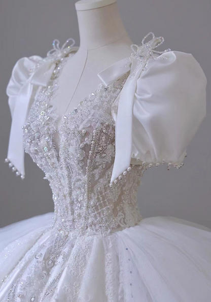 Gen Z Style A-Line Illusion Neck Bridal Gowns Tulle Bows Beads Sequins Cutout Wedding Dress AP3137