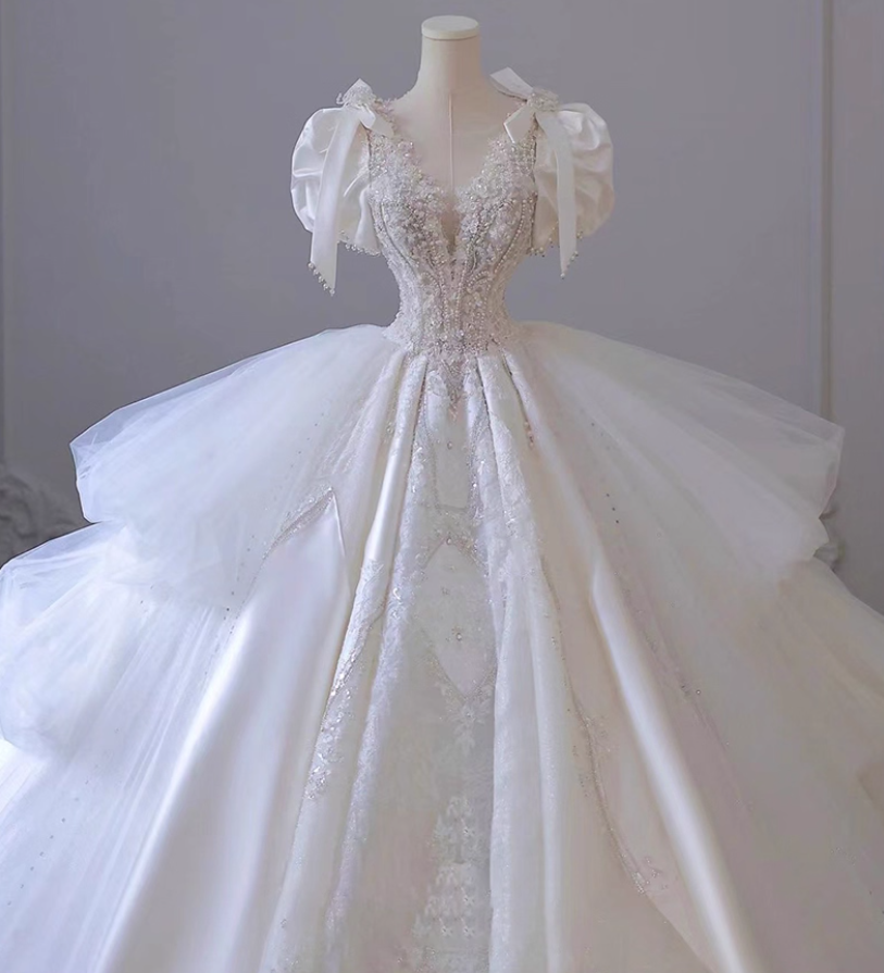 Gen Z Style A-Line Illusion Neck Bridal Gowns Tulle Bows Beads Sequins Cutout Wedding Dress AP3137