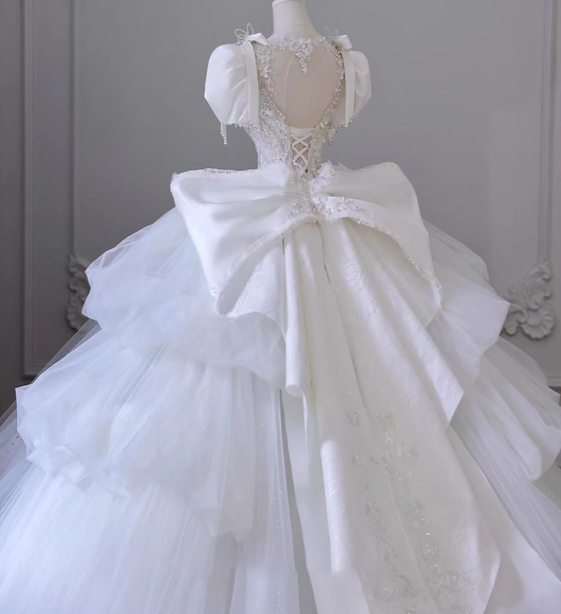 Gen Z Style A-Line Illusion Neck Bridal Gowns Tulle Bows Beads Sequins Cutout Wedding Dress AP3137