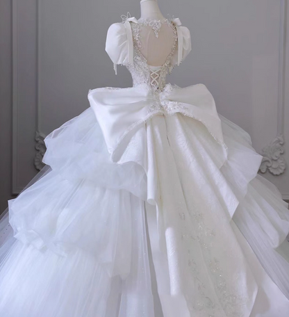 Gen Z Style A-Line Illusion Neck Bridal Gowns Tulle Bows Beads Sequins Cutout Wedding Dress AP3137