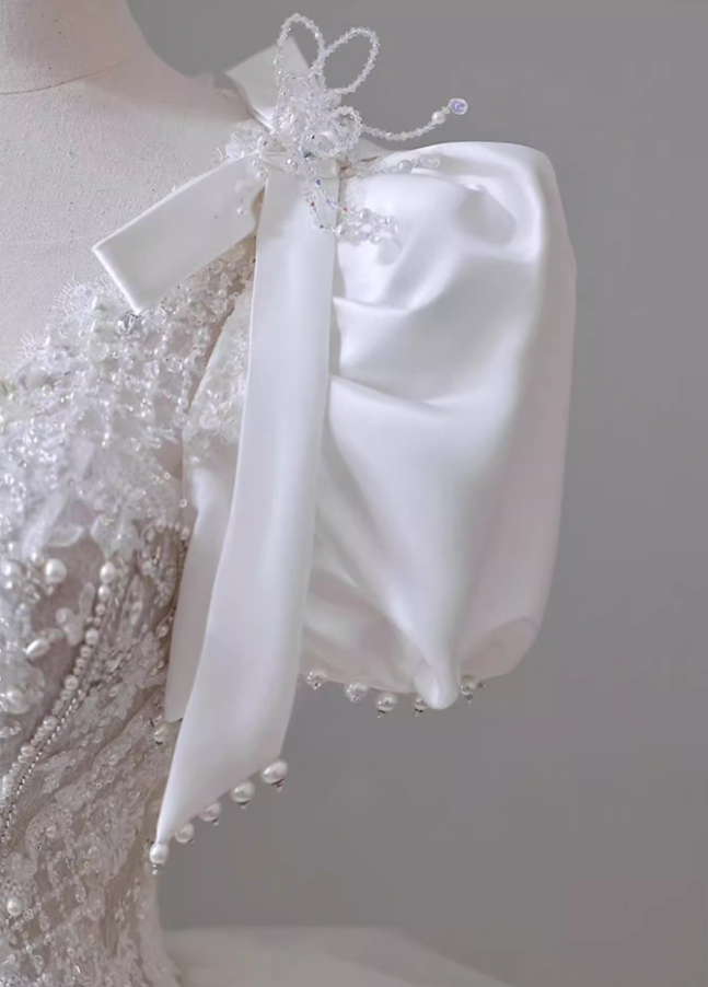 Gen Z Style A-Line Illusion Neck Bridal Gowns Tulle Bows Beads Sequins Cutout Wedding Dress AP3137