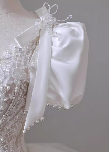 Gen Z Style A-Line Illusion Neck Bridal Gowns Tulle Bows Beads Sequins Cutout Wedding Dress AP3137