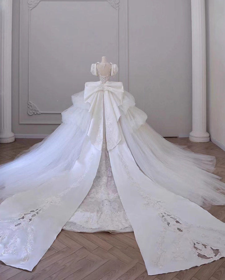 Gen Z Style A-Line Illusion Neck Bridal Gowns Tulle Bows Beads Sequins Cutout Wedding Dress AP3137